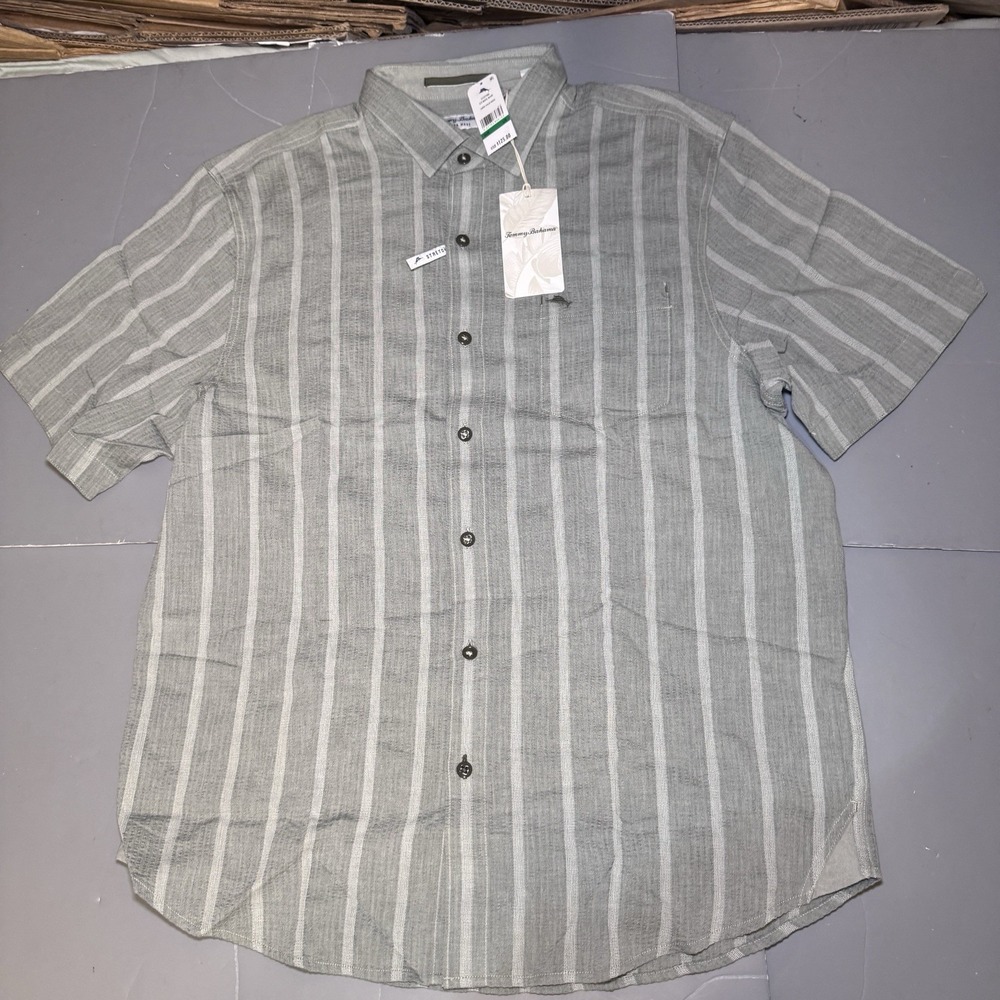 Tommy Bahama Nova Wave Seersucker Shirt L Palm Moss Gray Stripes Cotton Camp New